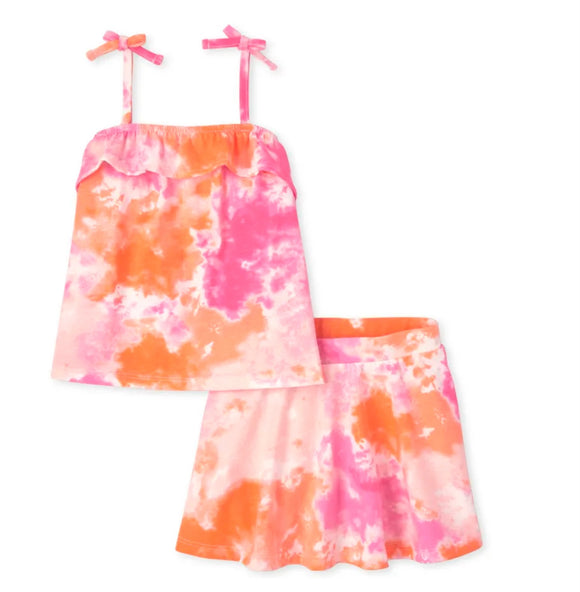 Girls Peach Ice Tie & Dye Ruffle Skirt Set